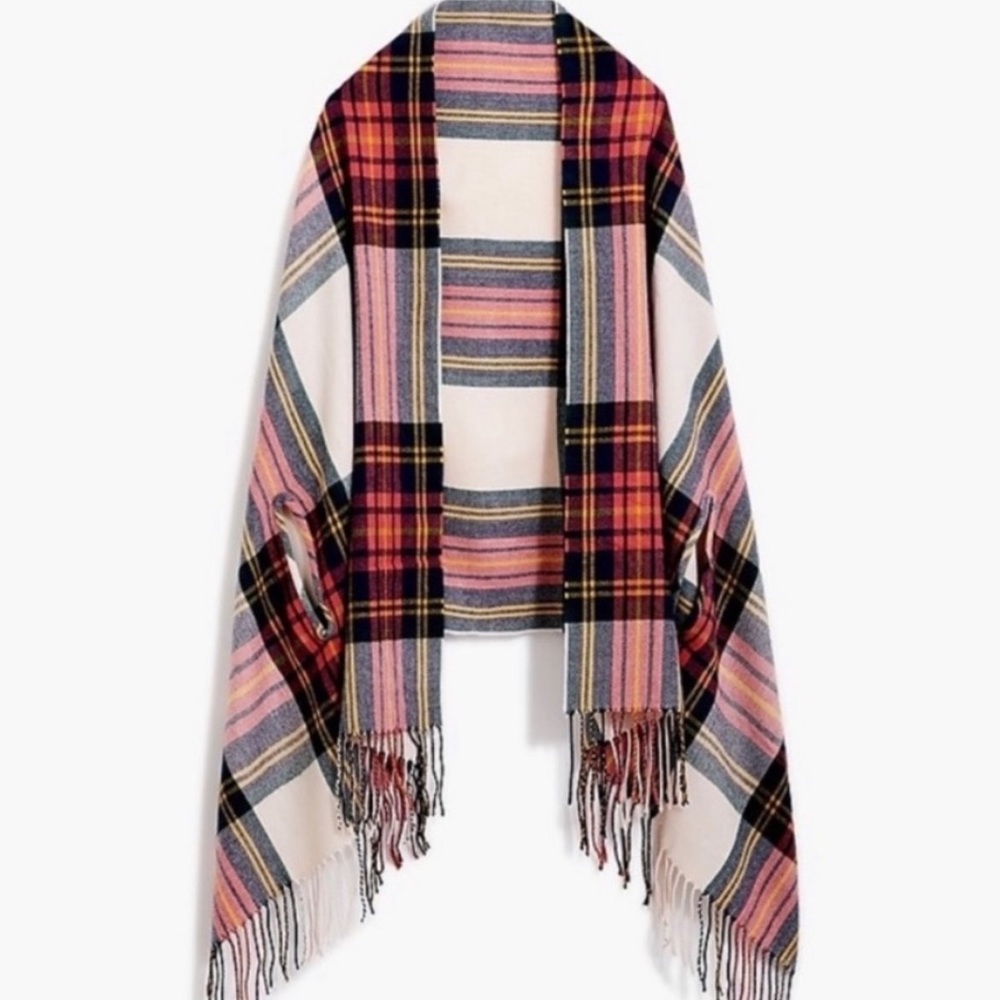 J.Crew Plaid Cape-Scarf Poncho With Fringe One Size